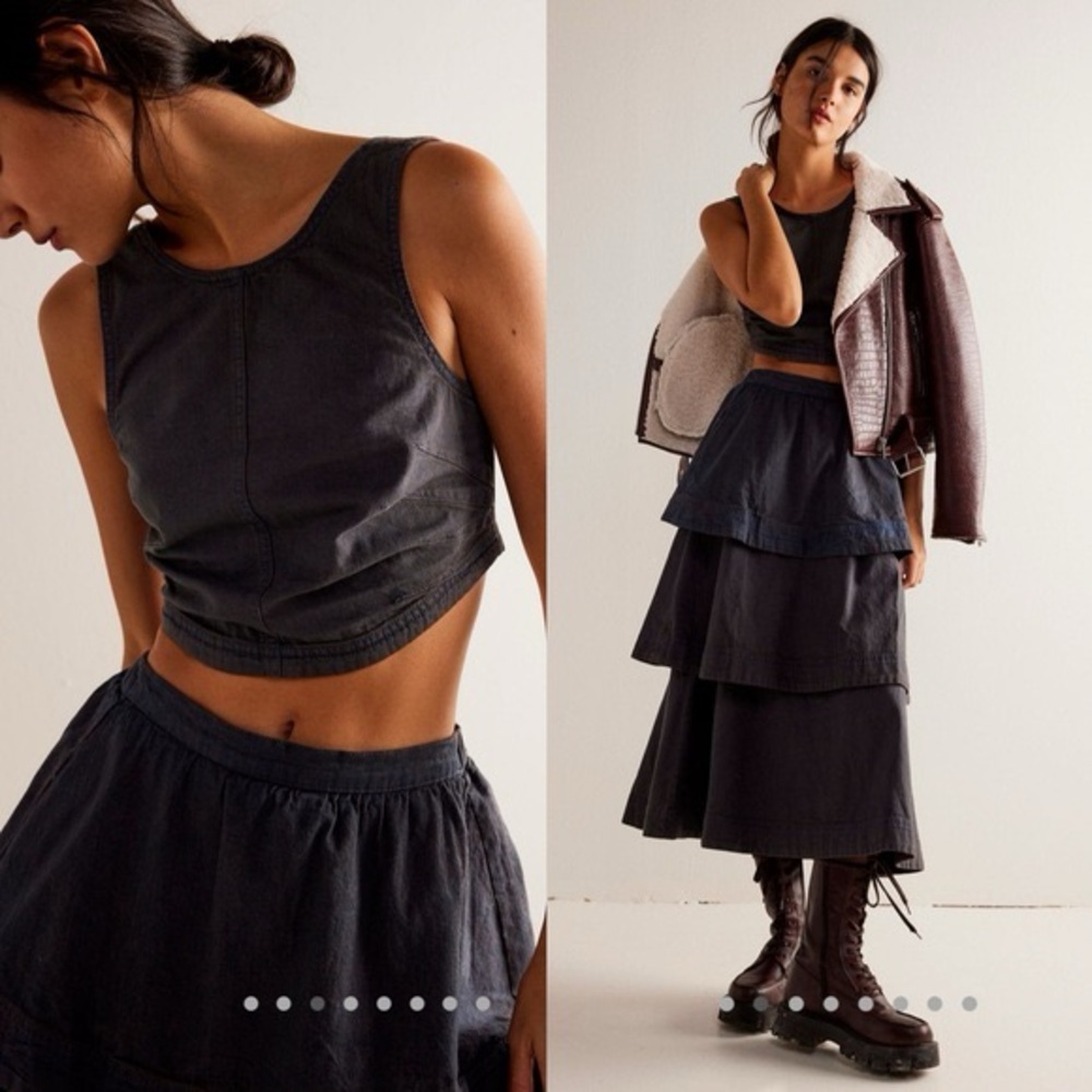 Free People Charcoal distressed 90’s grunge crop top and tired skirt set